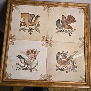 Antique Victorian Bird Partridge Pheasant Delft Style Tile Wall Art Wood Frame